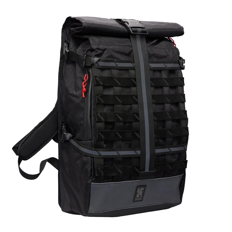 Chrome Industries Barrage 34L Black Reflective Roll-Top Backpack – Water Resistant Bag for Work, School, Travel – Features Cargo Net & Laptop Pocket