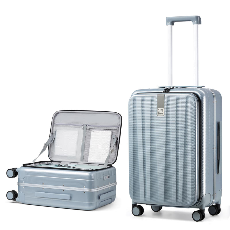 Hanke 24 Inch Checked Luggage with Spinner Wheels PC Hard Shell Suitcases Top Open Aluminum Frame Travel Luggage Rolling Suitcase for Woman Men.(Grey)