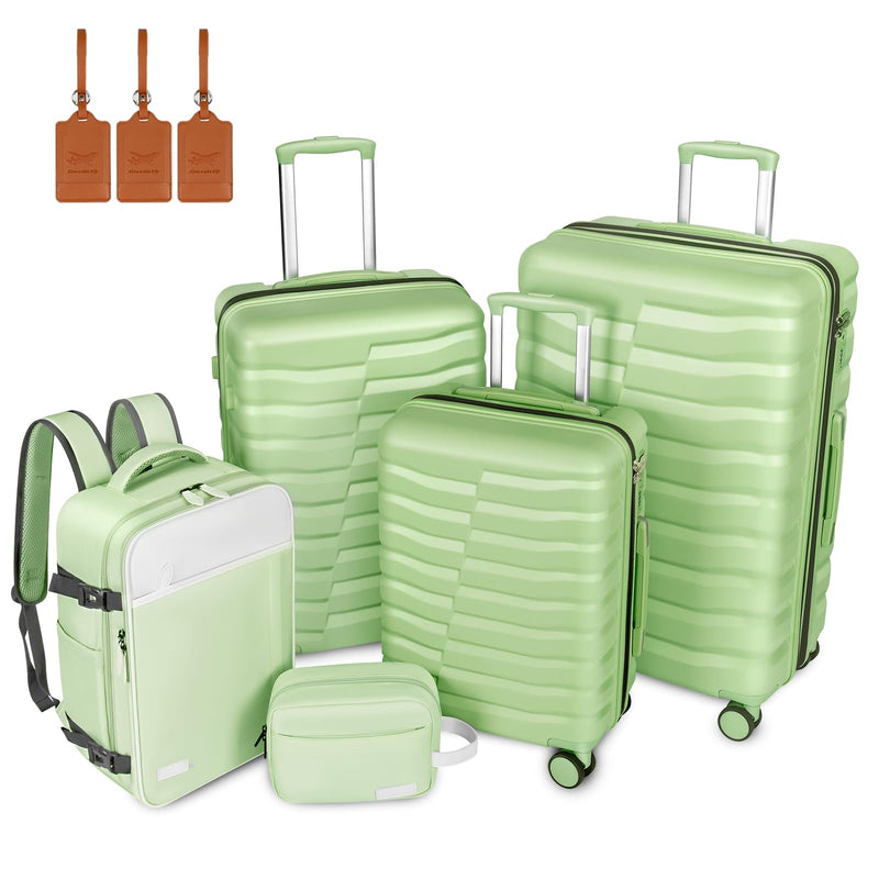 WireHot 5-Piece Lightweight Luggage with Backpack Sets, ABS+PC Hard Shell Suitcase with TSA Lock & YKK Zipper (Avocado Green, 20in/24in/28in/BP/TB)