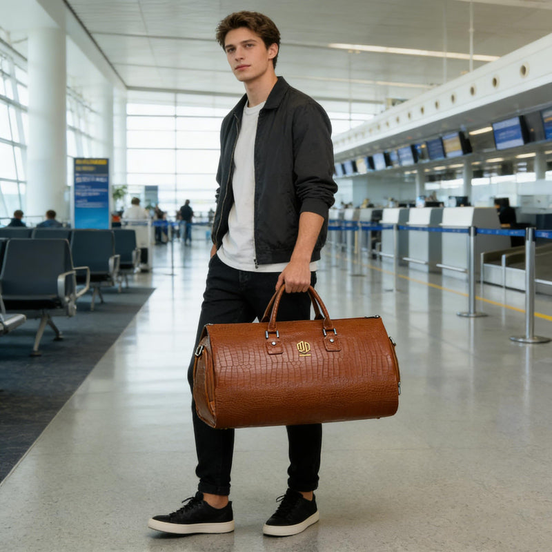 Modoker 2-in-1 Waterproof Leather Garment & Duffel Bag, 45L Carry-On Hanging Suitcase with Detachable Shoulder Strap, Wrinkle-Free Travel Luggage for Men & Women, Light Brown