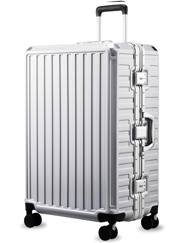 LUGGEX Checked Suitcase with Spinner Wheels, 8010S Aluminum Frame Zipperless Polycarbonate Hard Shell Suitcase (ZX-Core, Silver, 28 Inch)