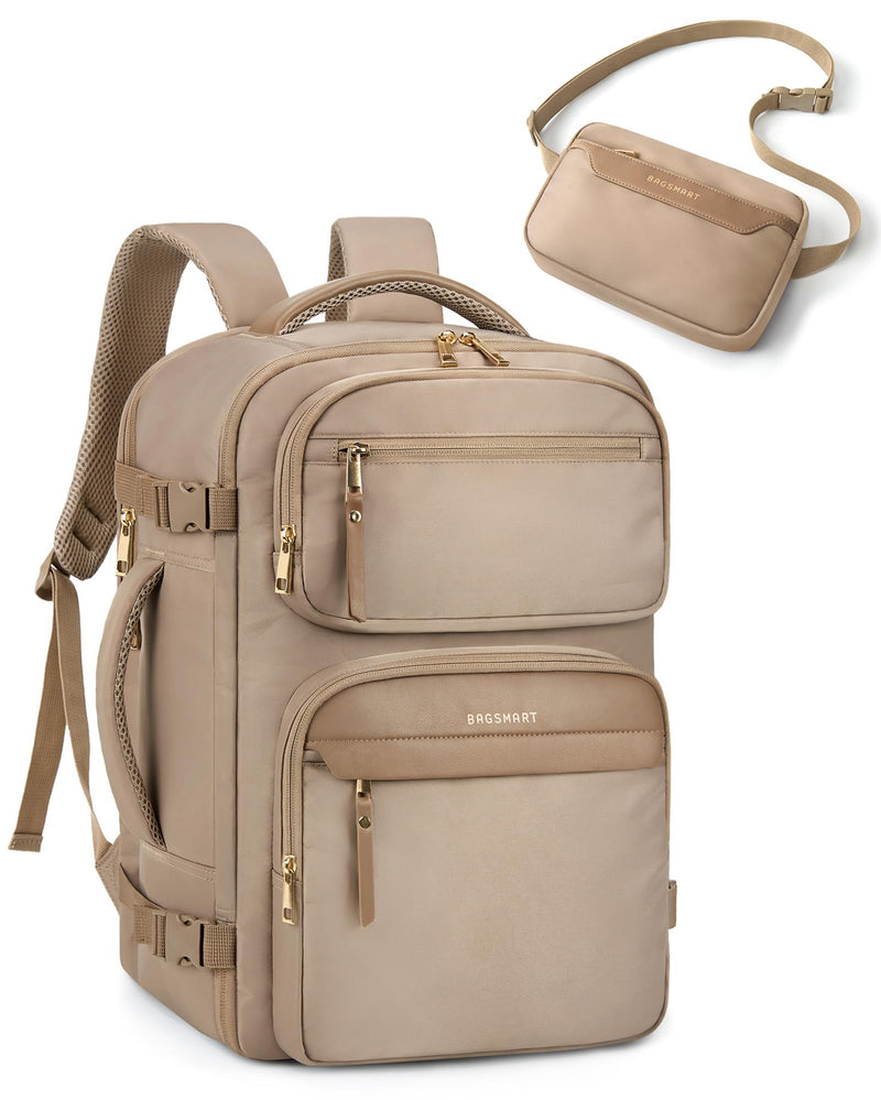 BAGSMART Womens Backpack Carry On Flight Approved, Travel Backpack for Women with Waist Bag,Traveling Lightweight Weekender Casual Daypack 17.3" Laptop Work Back pack Personal Item Bag,Champagne
