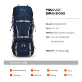 MOUNTAINTOP 70L Internal Frame Backpack Camping Backpacking Hiking Backpack for Men Women with Rain Cover,Sapphire Blue