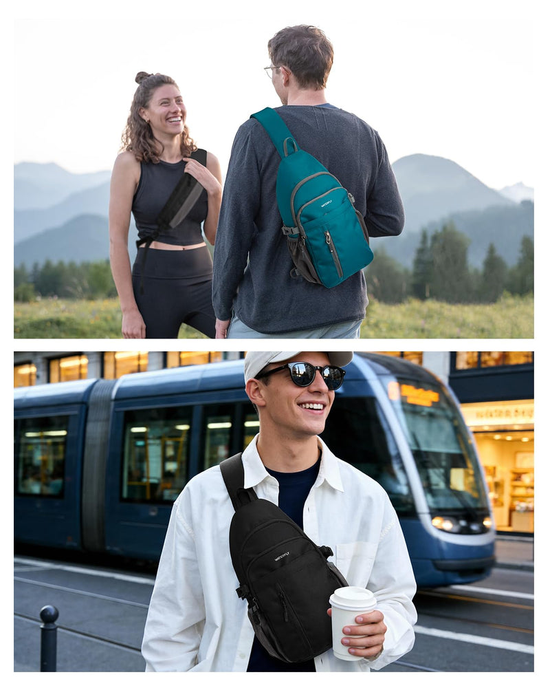 WATERFLY Small Crossbody Sling Bag: RFID Sling Backpack Chest Bag Travel Shoulder Multiple Pockets Hiking Daypack for Man Woman