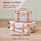 UNIWALKER Vintage Luggage Set, 2 Piece Faux Leather Carry on Suitcase with Spinner Wheels TSA Lock and Cosmetic Train Case for Women, Pink Strip, 20"+12"