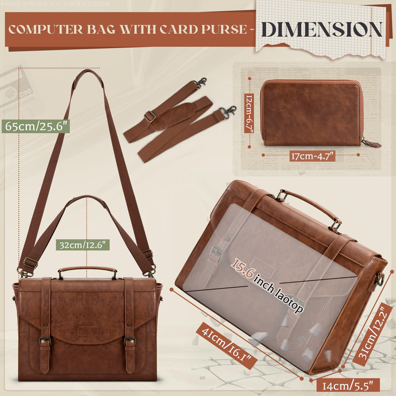 RAINSMORE Flap Messenger Bag for Men Vintage PU Vegan Leather Laptop Bag 15.6 Inch Professional Mens Briefcase Waterproof Satchel Bag Men with Card Purse Computer Bag for Work College Office Brown