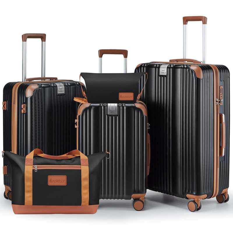 CASELLY Luggage Set 3 Piece with Cup Holder,Hardshell TSA Lock Spinner Wheels Carry on Lightweight Suitcase，Hook and YKK Zippers for Valentine Gifts(Black, 5 piece sets(20/24/28/DB/TB))