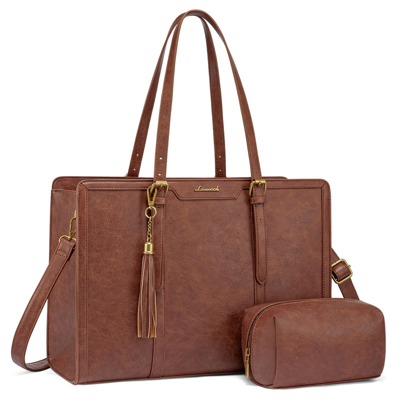 LOVEVOOK Laptop Tote Bag for Women,15.6 Inch Vintage Work Bag with Clutch,Large Leather Laptop Purse with Cup Holder for Teacher,Office
