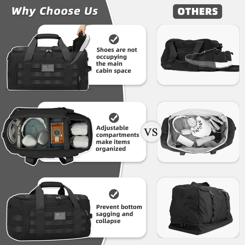 ZOMFELT Tactical Gym Bags for Men, 22x14x9 Carry On Luggage Duffle Bag for Travel, 3-in-1 Sports Basketball Soccer Bag with Removable Dividers & Shoe Compartment, Weekender Overnight Travel bag, Black