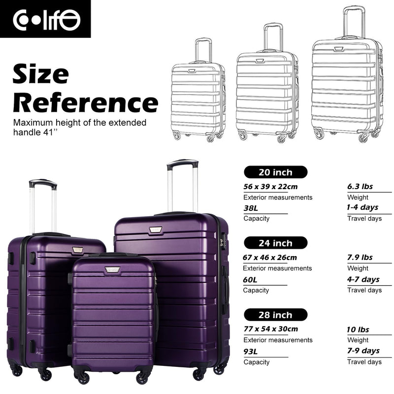 Coolife Luggage 3 Piece Set Suitcase Spinner Hardshell Lightweight TSA Lock (purple, 20/24/28)