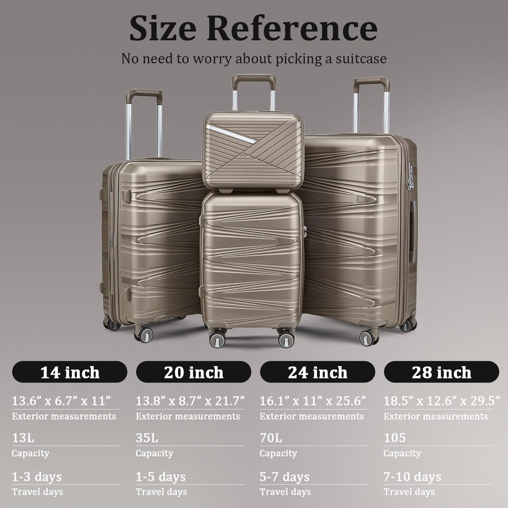 TRAVELEO 4 Piece Luggage Set PP Hardshell, Expandable Suitcase Set (20/24/28) with 14" Cosmetic Case, Lightweight Spinner Wheels with TSA Lock, Detachable Wheels for Nesting Storage (Champagne)