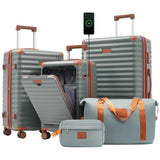 Merax Luggage Sets 3 Piece Front Opening, Hardside Lightweight Carry on Suitcase with Cup Holder USB Port,Durable Expandable Luggage with Bags Spinner Wheels and TSA Lock,Grey Green
