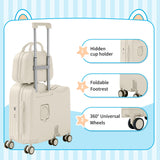 TABU Ride-on Luggage with Portable Bag for Kids，Hardshell Carry On Suitcase with Hidden Cup Holder, Foldable Pedal,Type-C & USB Interface, TSA Lock, 6-Spinner Wheels, White