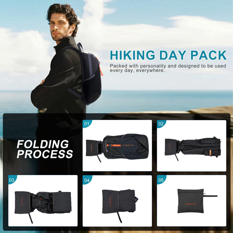 FIORETTO 10L Hiking Backpack for Women Men Mini Packable Backpack Lightweight Small Daypack for Camping Travel Outdoor, Black