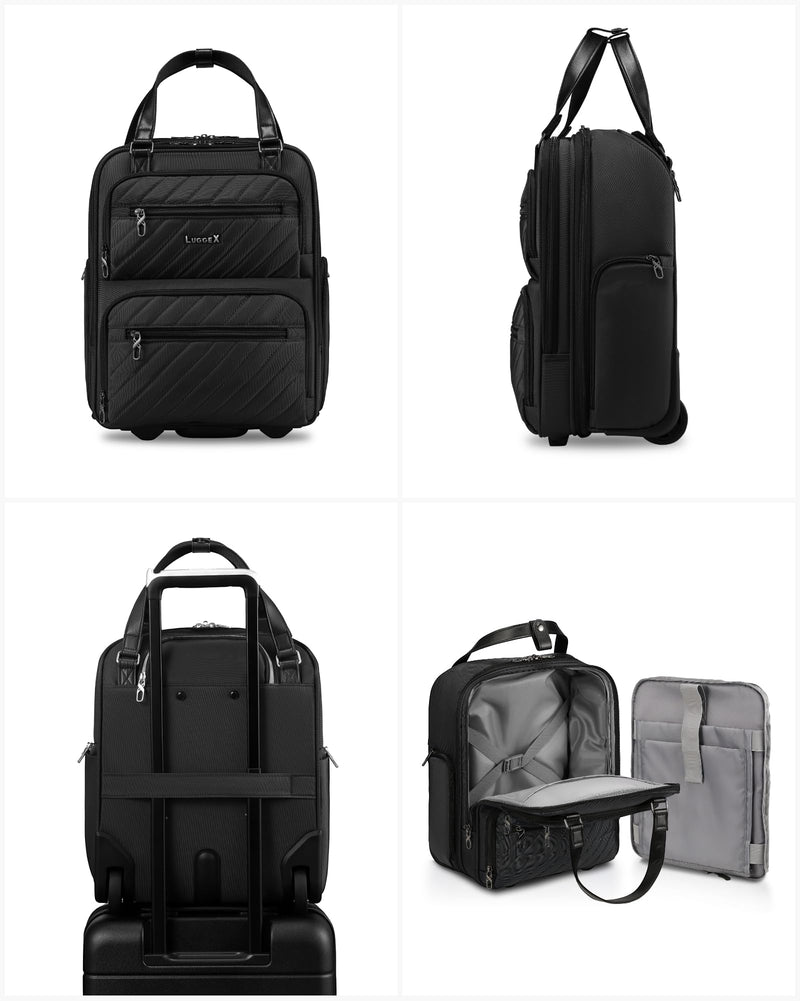 LUGGEX Underseat Carry On Luggage with Wheels, UDK Stylish Lightweight Under Seat Luggage, Soft Sided Personal Item Suitcase for Short Trip (UX-Core, All Black, 16 Inch)