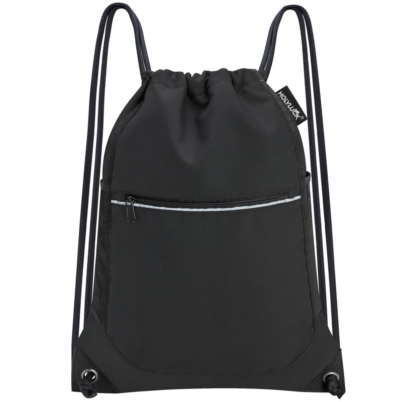 HOLYLUCK Drawstring Backpack Small Gym Bag with Mesh Pockets String Bag Backpack for Men Women, Black