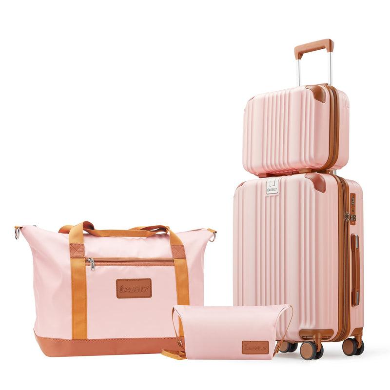 CASELLY Luggage Set 3 Piece Luggage with PC+ABS Hardshell TSA Lock Spinner Wheels Carry on Lightweight Suitcase，YKK Zippers (Pink, 4 piece（14/20/DB/TB）)