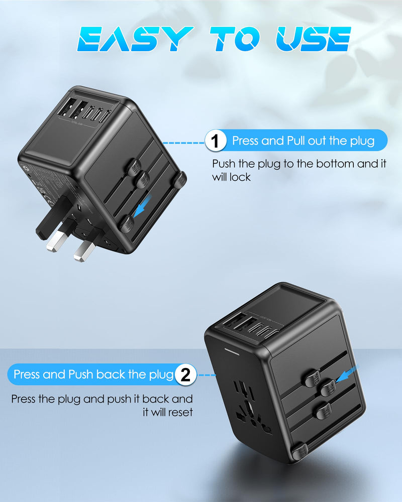 URJD Universal Travel Adapter, 6.0A 30W 5 USB C/A Ports + 2500W AC Outlets, International Power Adapter for All USB Devices, Multi Plugs 110V 220V A/C, European Travel Plug Adapter for 200+ Countries
