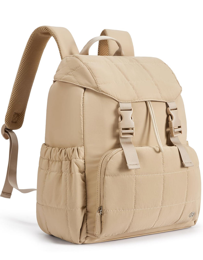 BOSTANTEN Puffer Backpack for Women, 15.6 Inch College Laptop Backpack with RFID Pocket, Water Resistant Casual Travel Daypack, Khaki