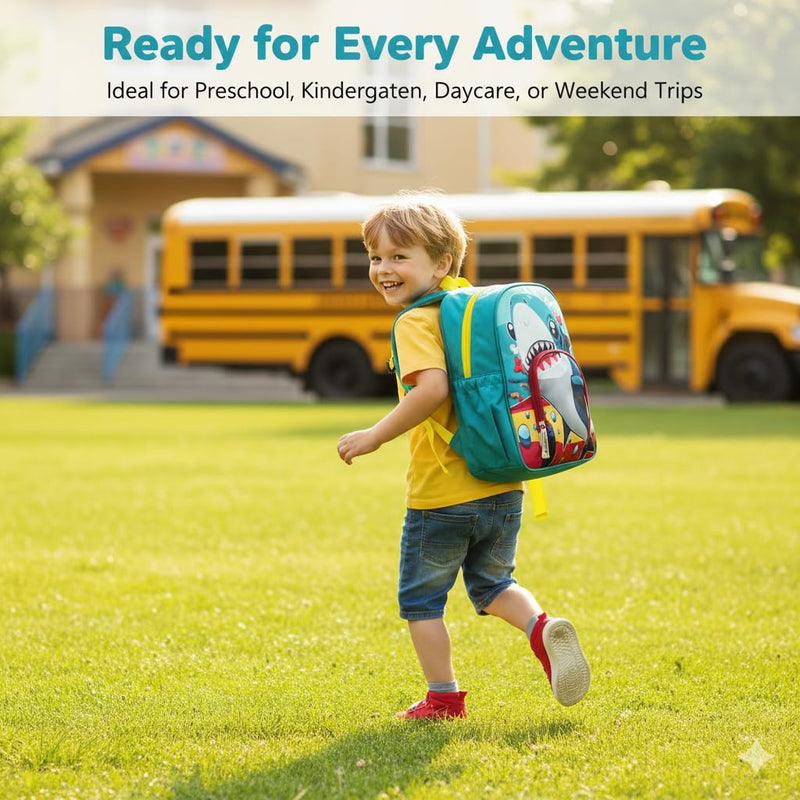 Alveroya Shark Backpack for Boys, 14 Inch Kids School Bag with Chest Strap, Fits Standard A4 Folder & Books, Cute Shark Pattern Kindergarten Daypack for Elementary Grades 1-2, Blue