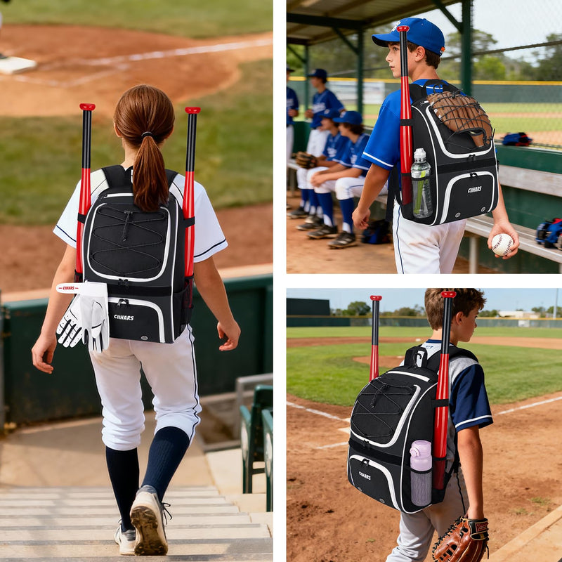 Ciihars Youth Baseball Bag - Baseball Backpack Bat & Glove Holder, T-Ball & Softball Equipment & Gear,Large Main Compartment for Helmet & accessories, Fence Hook，Insulation Pocket (black)