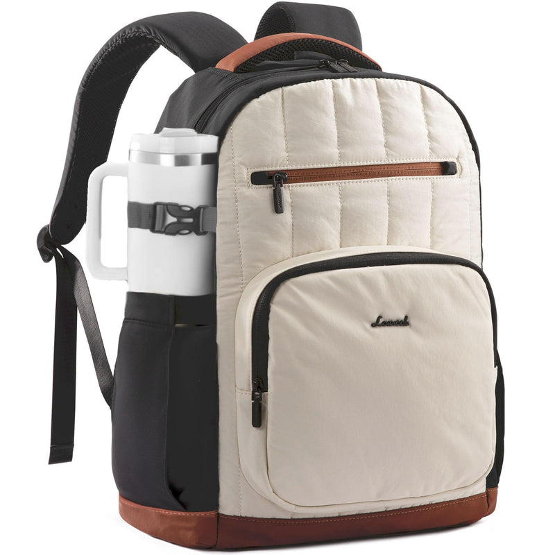LOVEVOOK Laptop Backpack for Women with Giant Tumbler Holder Pocket,15.6 Inch Puffer Travel College Work Backpack Purse for Teacher Nurse,Casual Laptop Bag Computer Back Pack Daypack,White-Black-Brown