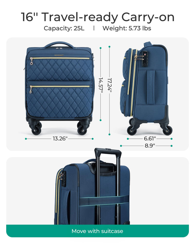 BAGSMART Underseater Carry On Luggage Airline Approved with Spinner Wheels, 16 Inch Small Luggage with TSA Lock, Overnight Small Rolling Softside Suitcases for Women, Navy Blue