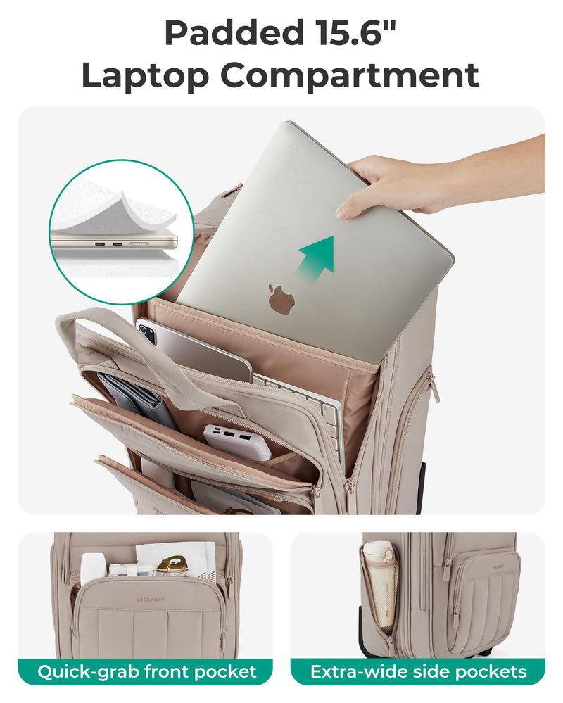 BAGSMART Small Underseat Carry on Luggage with Wheels, 16 inch Small Under Seat Luggage, Lightweight Travel Suitcase for Women, Brown