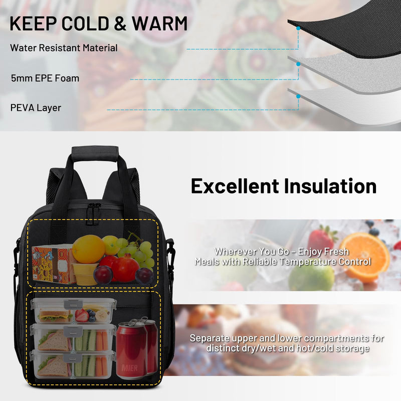 MIER Backpack Cooler 24 Cans Insulated Double Deck Soft Coolers Bag Lightweight Lunch Back Pack Women Men for Beach Travel Work Fishing, Black