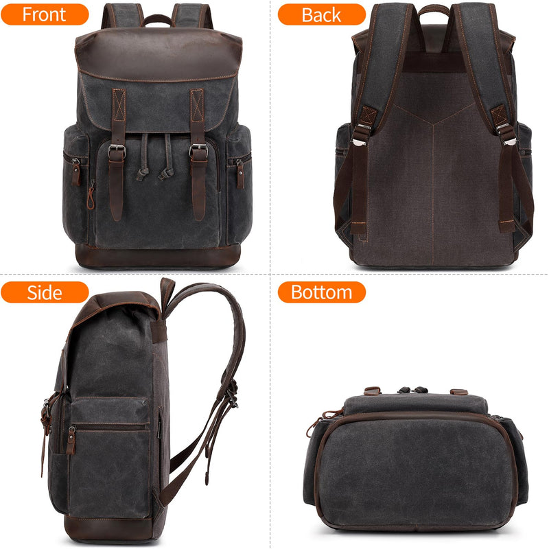 Nerlion Leather Backpack for Men Waxed Canvas Laptop Backpack 17.3 Inch Rucksack Vintage Travel Backpack (Black)