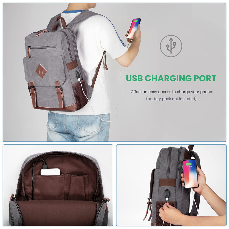 Canvas Backpack for Men Women, Vintage Rucksack Fits Most 15.6 Inch Laptop, Bookbag with USB Charging Port