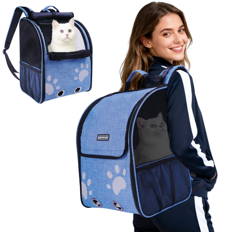 Cat Backpack Carrier, Ventilated Cat Backpack with Reflective Strips, Foldable Cat Carrying Backpack for Kitty Small Dog up to 15lbs (Blue)