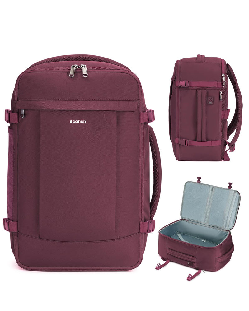 ECOHUB Travel Backpack for Women, Carry on Backpack with USB Charging Hole, Spirit Airlines Personal Item Bag Flight Approved, 15.6 Inch Laptop Backpack with Anti Theft Pockets, 30L, Red