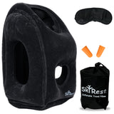 Skyrest Inflatable Travel Pillow - Airplane Pillow for Neck Support on Long Flights, Buses, Cars, Office & Trains - Comes with Eye Mask, Earplugs & Portable Drawstring Bag - Black