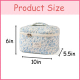 uekeboag Large Travel Quilted Makeup Bag for Women, Floral Cotton Cosmetic Bag, Coquette Aesthetic Floral Toiletry Organizer Bag (01Lithtblue-flower)