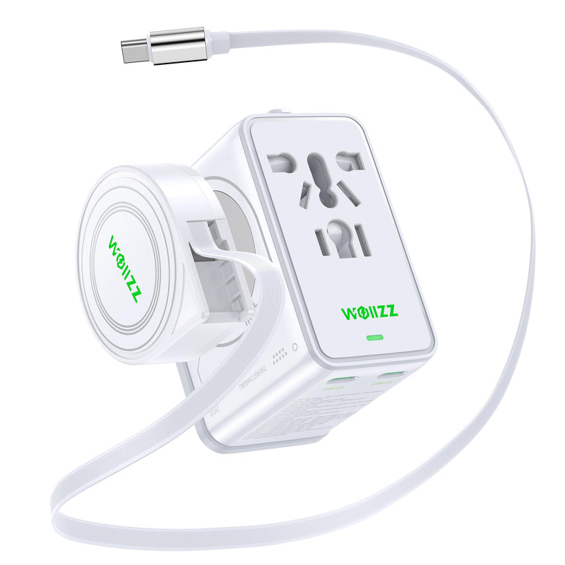 Wollzz 75W Tiny Universal Travel Adapter with 70cm Retractable Cable, GaN Fast Charging European Plug Adapter, 5 Ports (1 AC, 1 USB-A, 3 USB-C), with Smart Chip for Over 200 Countries, PD&QC Charger