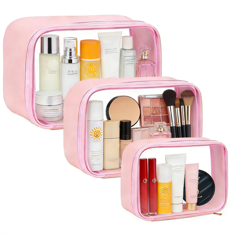 FFpaw Travel Clear Makeup Bag Set for Women, 3 Pack Travel Size Toiletry Bag with Zipper Small Makeup Pouch for Purse Waterproof Portable Cosmetic Case Compact Car Organizer Storage Bag (Pink Set)