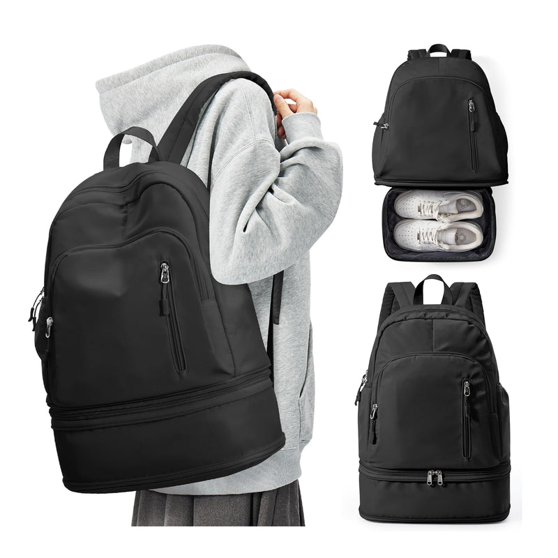 BJLFS Small Black Gym Backpack for Women Men, Waterproof Gym Track Bag with Expandable Shoe Compartment, Lightweight Mini Casual Daypack Sports Back Pack for Travel Hiking Dance Yoga Fitness Track