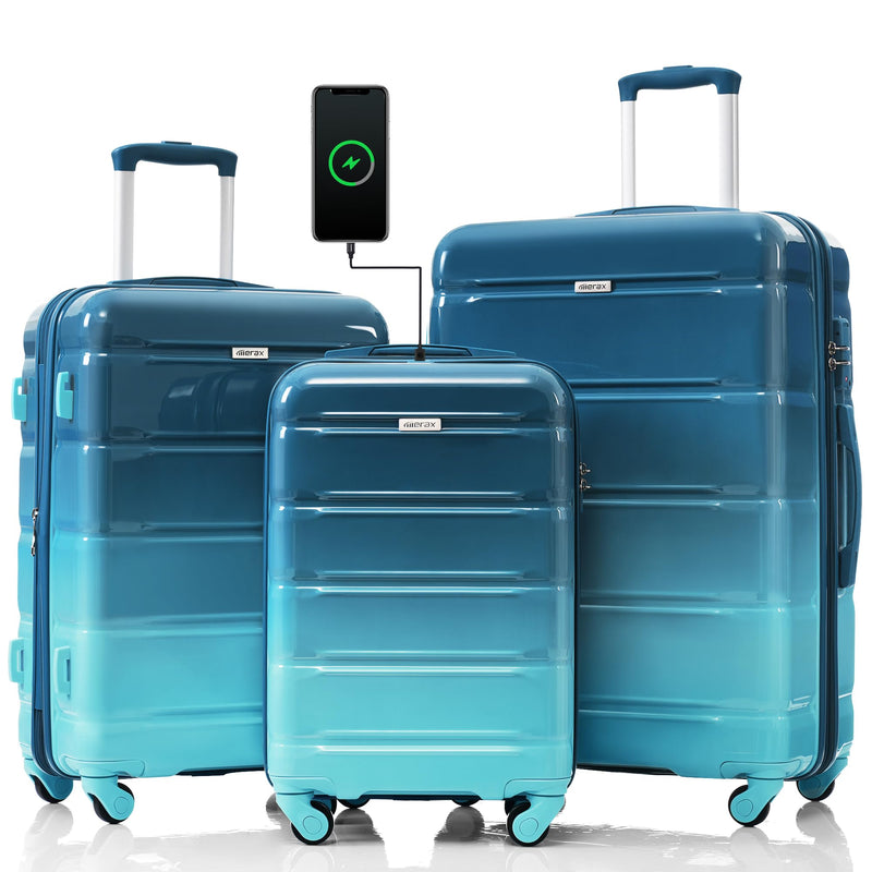 Luggage Set, ABS Hardsite Suitcase Spinner Wheels with USB Port TSA Lock