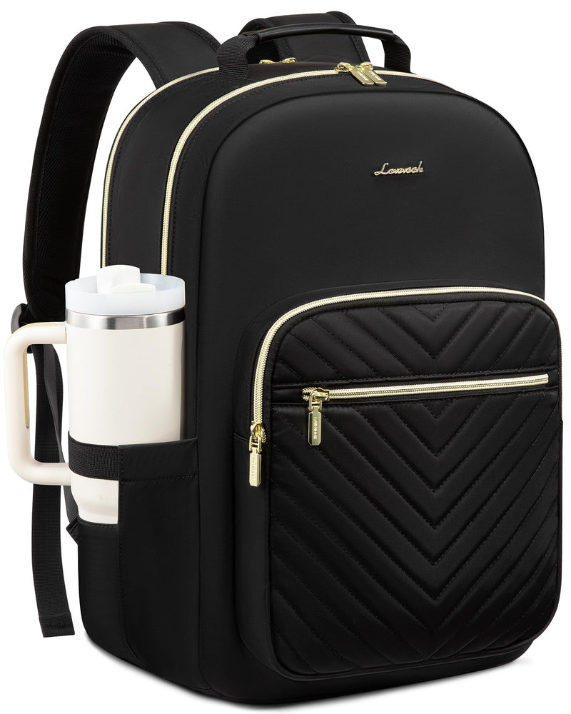 LOVEVOOK Laptop Backpack for Women with Giant Tumbler Holder 15.6 inch,Designer Travel Backpack Laptop Bag College Backpack,Quilted Work Nurse Teacher Backpack Purse Computer Bag Casual Daypack, Black
