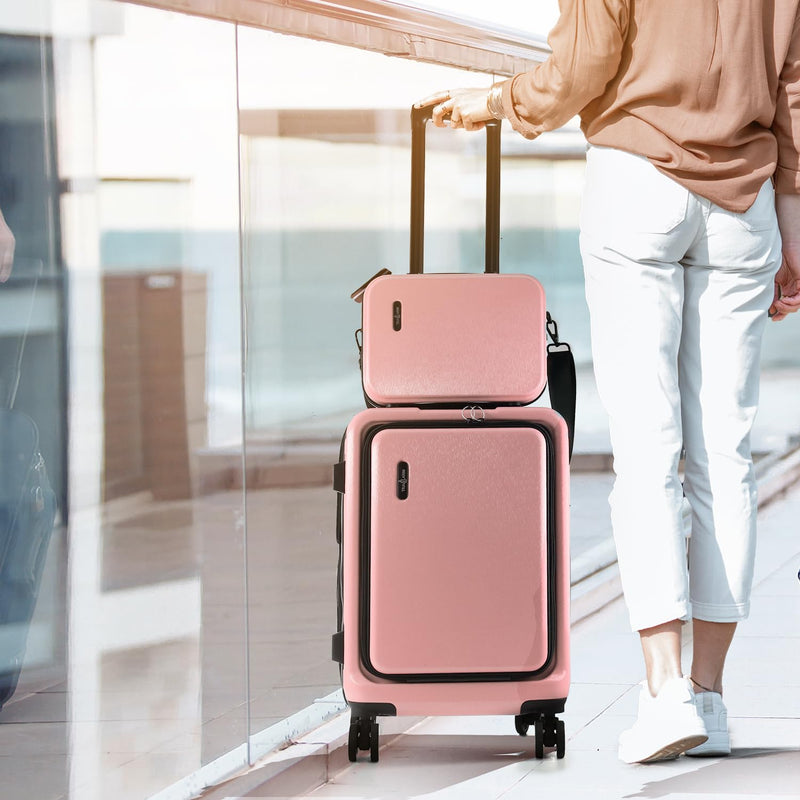 TRAVELARIM 20 Inch Carry On Luggage 22x14x9 Airline Approved, Carry On Suitcase with Wheels, Hard-shell Carry-on Luggage, Durable Luggage Carry-On, Pink Small Suitcase with Cosmetic Case