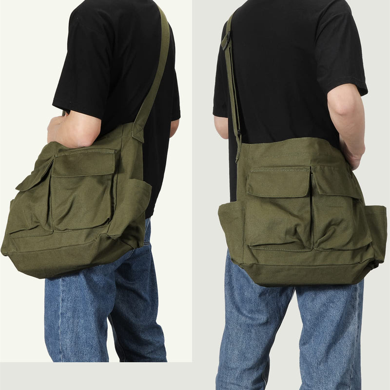 Canvas Messenger Bag Large Hobo Crossbody Bags with Multiple Pockets,School Vintage Shoulder Laptop Bag for Women and Men-ArmyGreen