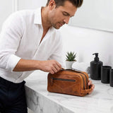 HomeWetBar Beckham Toiletry Bag for Men - Monogrammed Multi-Pocket Saddle Bag, Brown Hanging Dopp Kit