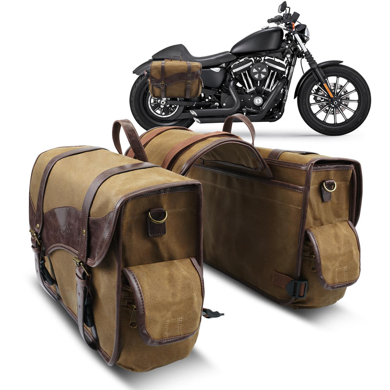 NICECNC Motorcycle Saddle Bags, Vintage Oil Waxed Canvas, Motorcycle Panniers Side Bags Compatible with Harley Honda Suzuki Yamaha Adventure Street Glide
