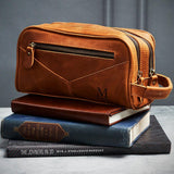 HomeWetBar Beckham Toiletry Bag for Men - Monogrammed Multi-Pocket Saddle Bag, Brown Hanging Dopp Kit