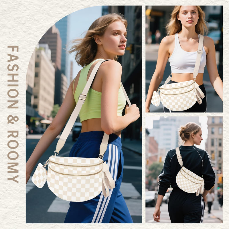 Cross Body Bag for Women Checkered Crossbody Bags Bum Bag for Women Fanny Packs for Girls Small Nylon Checkered Purse Trendy Shoulder Pouch for Womens (Checkered Beige, One Size)