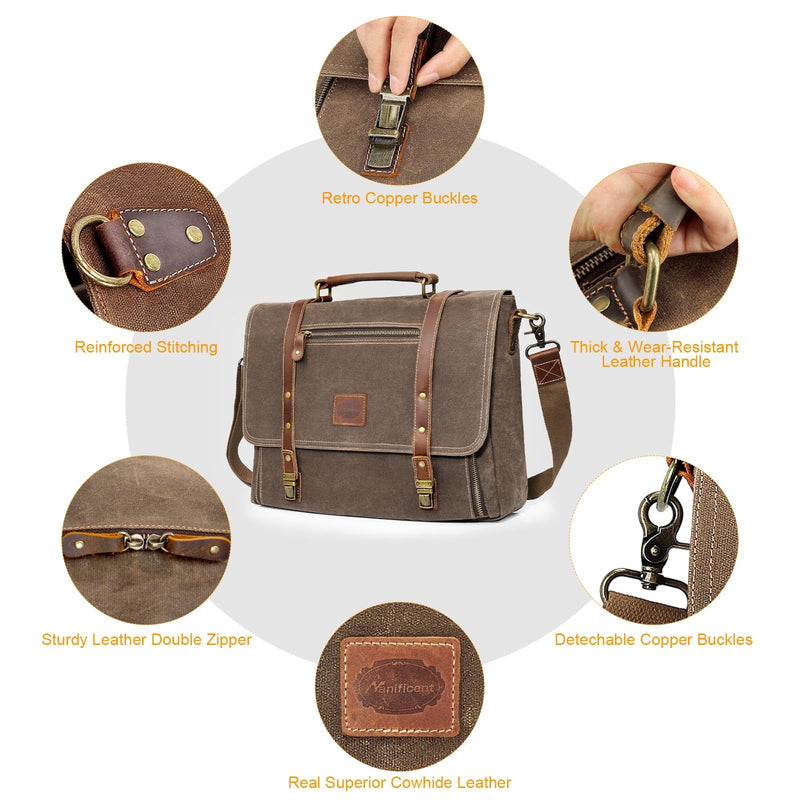 Manificent Laptop Messenger bag for Mens 15.6 Inch, Waterproof Vintage Genuine Leather Mens Briefcase shoulder bag 16 Storage Pockets, Waxed Canvas Leather Computer Business Satchel Work Bag (Brown)