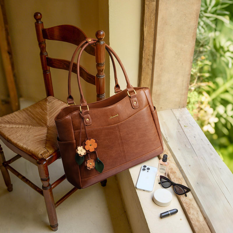 LOVEVOOK Laptop Bag for Women, 15.6inch Original Vintage Work Tote Bag Computer Office Teacher Bag with Large Cup Holder, Brown