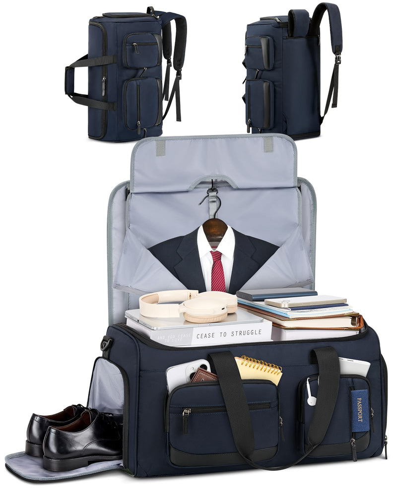 RAINSMORE 3 in 1 Garment Bags for Travel, 45L Convertible Garment Duffle bag for Hanging Clothes, Suit Travel Bag for Business Trips with Shoulder Strap, Carry On Suit Luggage for Men Women,Blue