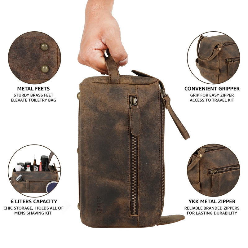 KomalC Premium Buffalo Leather Toiletry Bag for Men & Women – Leather Shaving Kit With Water resistant Lining, Premium Toiletry Travel Pouch, Unisex Wash Bag for Toiletries, Gifts for Men and Women